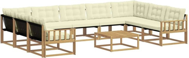 vidaXL Outdoor-Sofagarnitur in L-Form aus massivem Akazienholz mit Textilene und Kissen, 10-teilig, Weiß und Beige - Bild 1