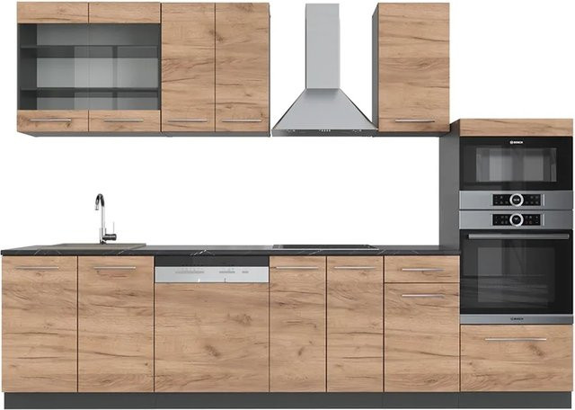 Vicco Fame-Line Küchenzeile Goldkraft Eiche Anthrazit mit Hochschrank Breite: 300 cm - Bild 1