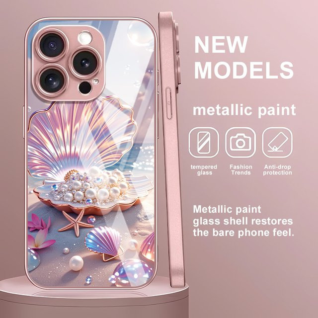 Caynes iPhone Hülle aus gehärtetem Glas mit farbigen Muschel- und Perlen-Design, stoßfest und luxuriös - Bild 1