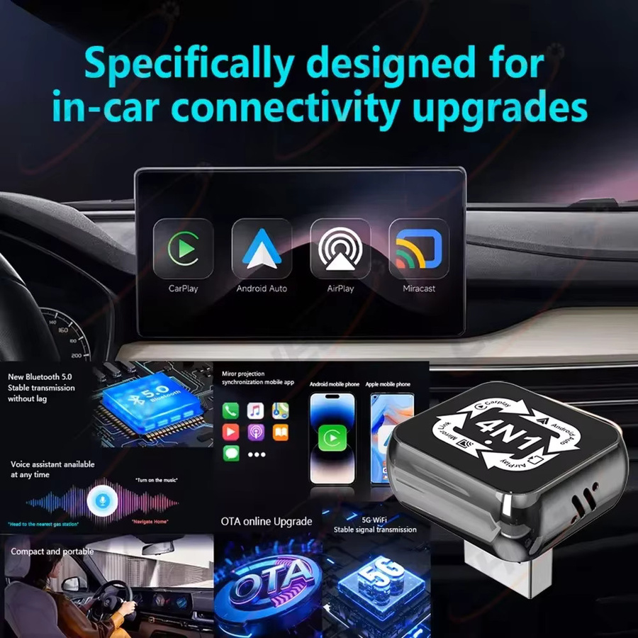 WDSZKMYF 4-in-1 Smart Box Kabelloser CarPlay und Android Auto Adapter mit kabelgebundenem CarPlay in Schwarz - Bild 2