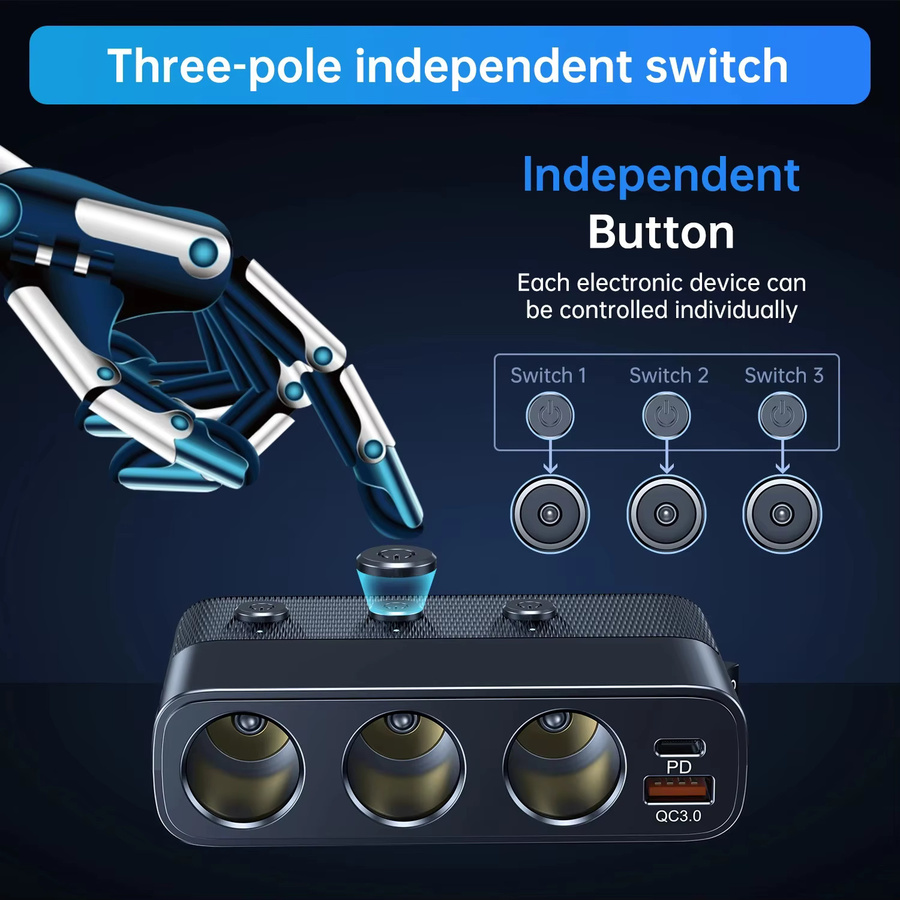 PHONEPACE 7-in-1 Autoladegerät-Splitter mit 127 W, PD30W und QC3.0, Zigarettenanzünder-Adapter mit Schalter, Schwarz - Bild 4