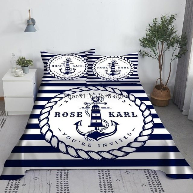 JMG Household Supplies Bettwäsche-Set mit Marine-Motiv in Blau und Weiß Gestreift, 3-teilig mit Bettbezug und Kissenbezügen, B/H: 200 x 230 cm - Bild 1