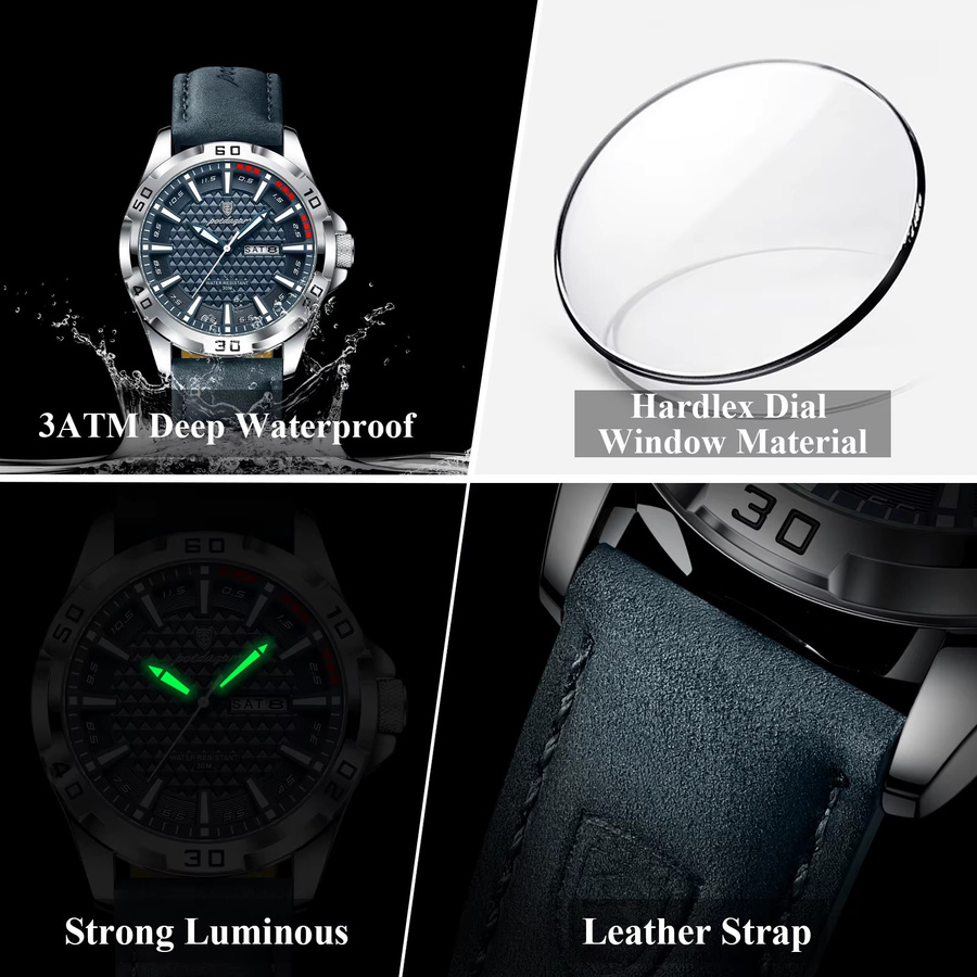POEDAGAR Armbanduhr Quarz, Leder, Silber, Herren, Datum, Wochentag - Bild 4