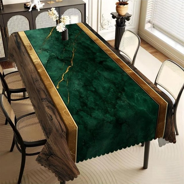JMG Household Supplies Tischdecke mit grünem Marmor- und Holzmaserungsmuster, Goldrand und Muschelrand, fleckenabweisend, B: 160 cm, L: 220 cm - Bild 1