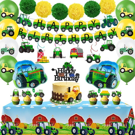 Party World Traktor Geburtstagsdeko Set mit Ballons, Banner, Tischdecke und Hängedekoration in Grün und Gelb, 55 Stück