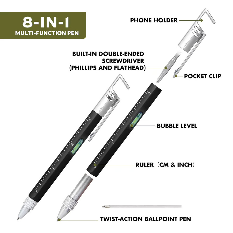 8-in-1 Multitool-Stift Set in Schwarz aus Metall mit Schraubendrehern, Lineal und Wasserwaage als kompaktes EDC-Gadget - Bild 2