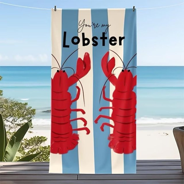 JINGYUE Pet Strandtuch mit Hummer-Motiv, blau weiß gestreift und rot, Mikrofaser, B/H: 70 x 140 cm - Bild 1