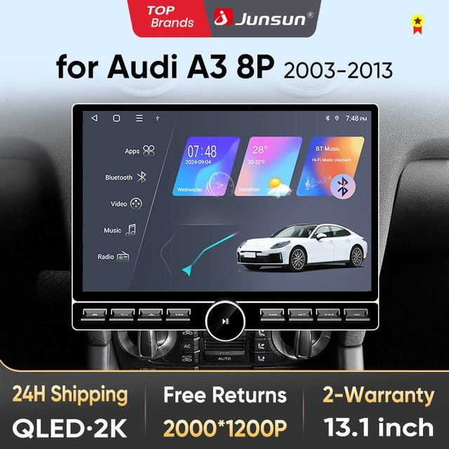 Junsun QLED Wireless CarPlay Android Auto Autoradio für Audi A3 8P 2003-2013 mit 13,1 Zoll Display, Bluetooth, GPS und DSP in Schwarz - Bild 1