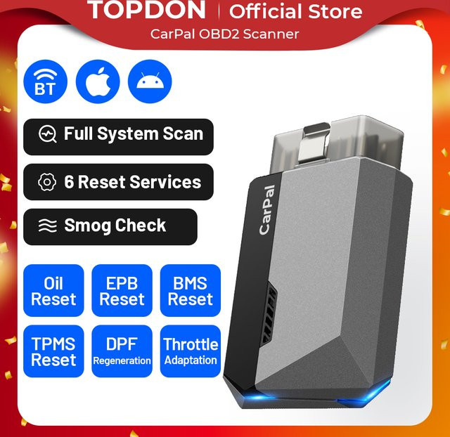 TOPDON CarPal OBD2 Codeleser Scanner für Auto-Gesundheitscheck, Abgasprüfung und Batterietest mit Vollsystem-Scan und 6 Reset-Diensten - Bild 1