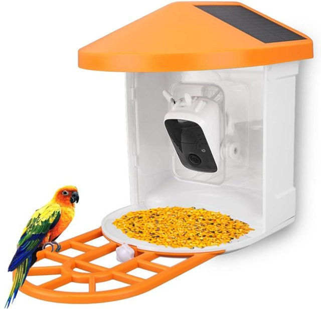 Solarbetriebene kabellose Vogelbeobachtungskamera mit Nachtsicht und 1080P Auflösung in Orange inklusive intelligentem Vogelfutterspender - Bild 1