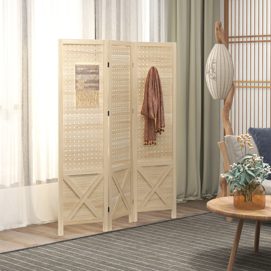 HOMCOM Innenparavent aus Holz mit 3 Paneelen in Naturholz, faltbarer Raumteiler mit geometrischem Lochmuster für Wohnzimmer und Schlafzimmer, B/H: 114 x 144,5 cm - Bild 2