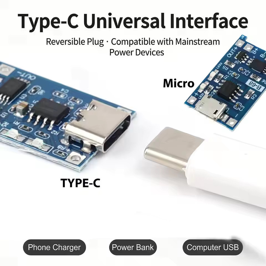 TP4056 Lithium-Akku-Lademodul mit Schutzfunktion für 18650 Li-Ion Akkus, Typ-C und Micro-USB, Blau - Bild 2