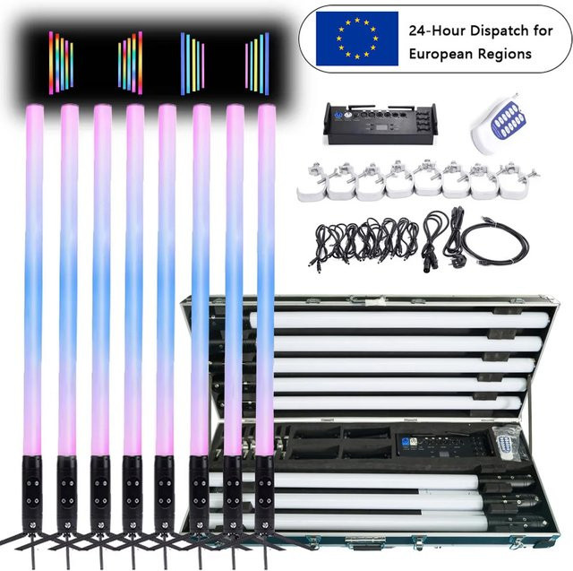 REIZ 8-teiliges Bühnenbeleuchtungs-Set mit kabellosen, wiederaufladbaren RGBIC LED-Röhren, IP65 wasserdicht, 360-Grad-Pixel-Effekt, Schwarz - Bild 1