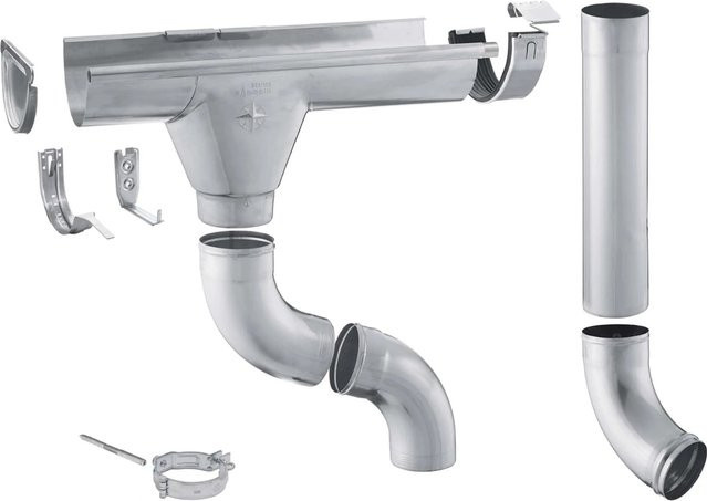 Zambelli Dachrinnen Komplettset 6-teilig aus verzinktem Stahl in Silber, halbrunde Form, 4 m Länge - Bild 1