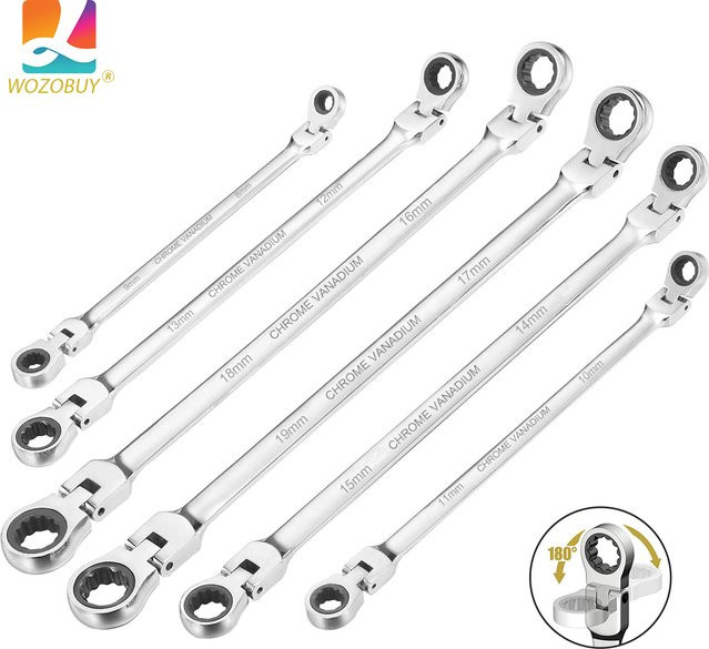 WOZOBUY Doppel-Kastenringschlüsselsatz mit extra langem Flexkopf aus Chrom-Vanadium-Stahl, metrisch 8-19mm, Silber - Bild 1
