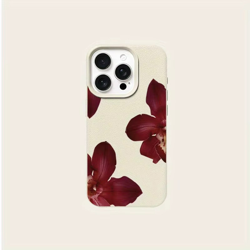 Handyhülle mit Lychee-Struktur und Orchideenmuster für Apple iPhone 17, 16, 15 Serien in Beige und Multicolour - Bild 5