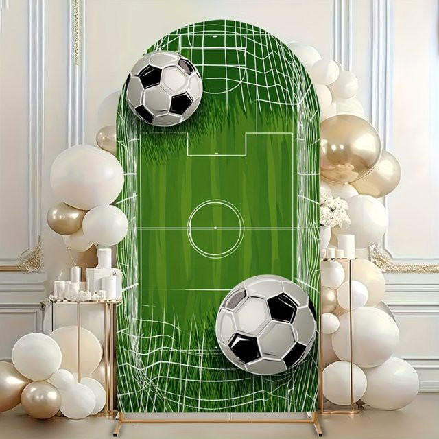 VIKAMA Fußball-Party-Hintergrund mit grünem Fußballfeld und Fußbällen als Sportthema-Dekoration für Kindergeburtstage, B: 50 cm, H: 50 cm, T: 50 cm - Bild 1