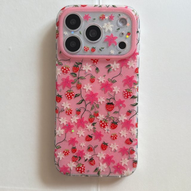 TROPLET Schutzhülle für iPhone in Rosa mit Erdbeer- und Blumen-Glitzer-Design - Bild 1