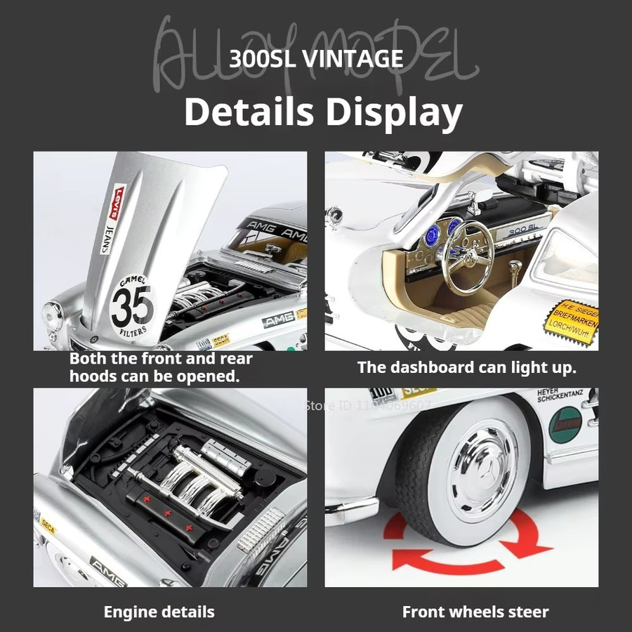 MAKEDA 300SL Oldtimer Modell, 1:18, mit Musik und Licht, Weiß - Bild 2