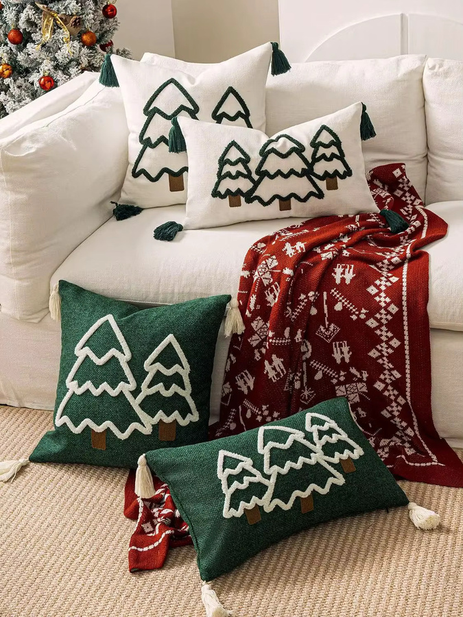Inyahome Stickerei-Kissenbezug aus Leinen in Kongxin Rot mit Weihnachtsbaum-Motiv für dein Wohnzimmer, B/H: 45 x 45 cm oder 50 x 30 cm - Bild 4