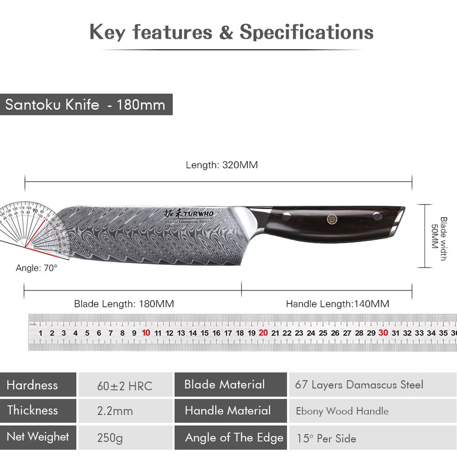TURWHO Santoku-Küchenmesser aus Damaststahl, 17,78 cm, Silber - Bild 5