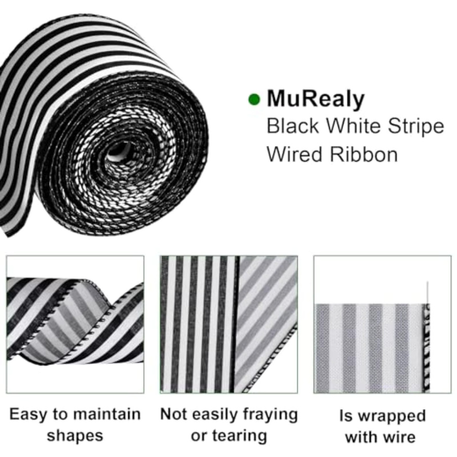 2 Rollen Schwarz-Weiß Gestreiftes Satinband mit Draht für Weihnachtsbaum, Kränze und Geschenkdekoration, 5 Yards pro Rolle - Bild 4