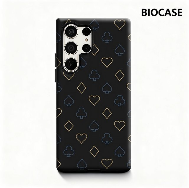 Glänzende Handyhülle mit Spielkarten-Symbolen für Samsung Galaxy S25 Ultra, S24 und S23 Ultra Plus in Schwarz - Bild 1