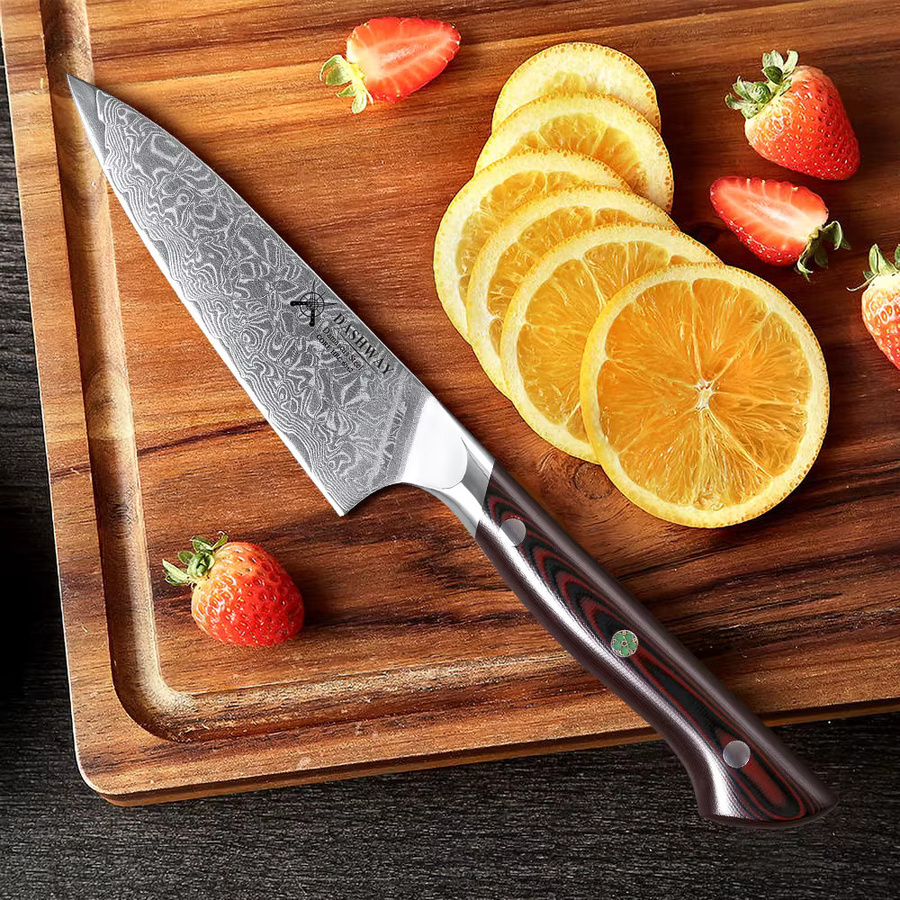 DASHWAY Damaszener Schälmesser aus 67-lagigem Stahl, Japanisches Profi-Küchenmesser als Allzweckmesser für Fleisch und Obst, Mehrfarbig, Klingenlänge: 11,43 cm - Bild 3