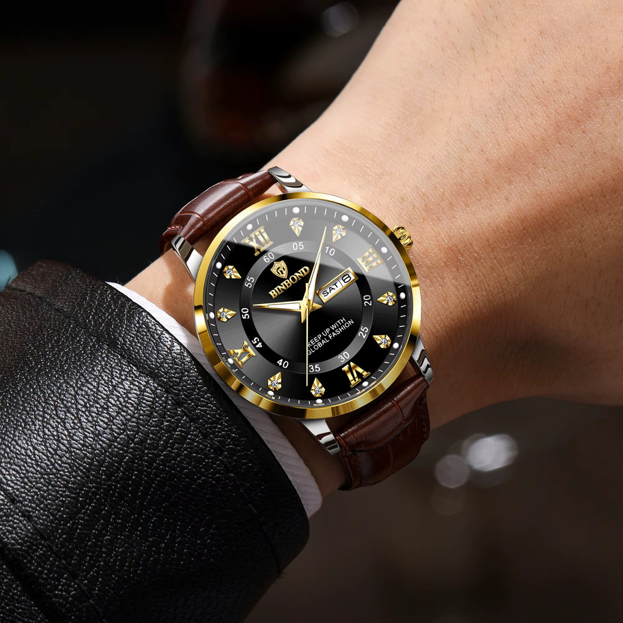 BINBOND Armbanduhr Quarz, Leder, Schwarz, Herren, Datum, Wochentag - Bild 4