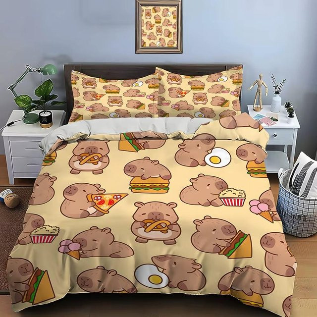 Cartoon Wasserschwein Bettwäsche-Set aus Mikrofaser in Beige mit Bettbezug und Kissenbezug, B/H: 228 x 228 cm - Bild 1