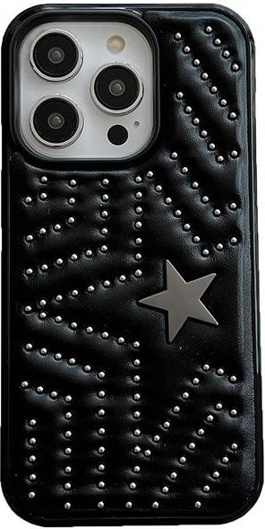ASONPAI Stoßfeste Leder Handyhülle mit silbernen Nieten und fünfzackigem Stern für iPhone 17 16 15 14 Pro Max 13 in Schwarz - Bild 1