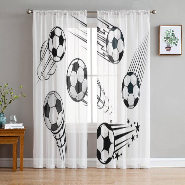 Super Six Chiffon-Vorhang mit Fußball-Grafik in Schwarz-Weiß-Grau, B: 135 cm, H: 114 cm - Bild 1