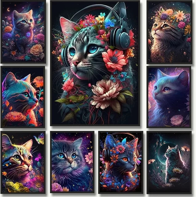 Potdemiel Leinwandbild Neon Katze und Blumen Ästhetisches Wandkunst Poster in Mehrfarbig - Bild 1