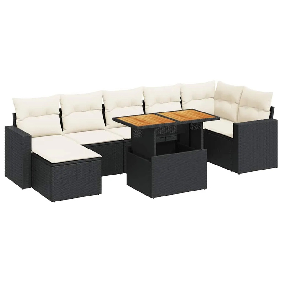 vidaXL 8-teilige Garten-Sofagarnitur aus Poly-Rattan und Akazienholz in Schwarz-Creme mit Kissen - Bild 2