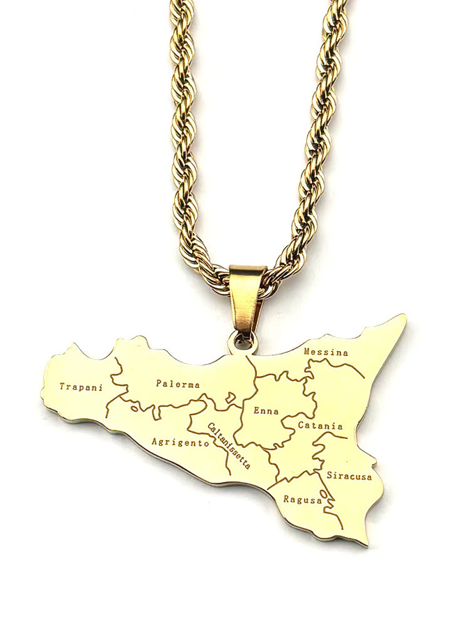 AFAWA Anhänger Halskette, Sizilien Inselkarte, Edelstahl, Gold, Unisex - Bild 2