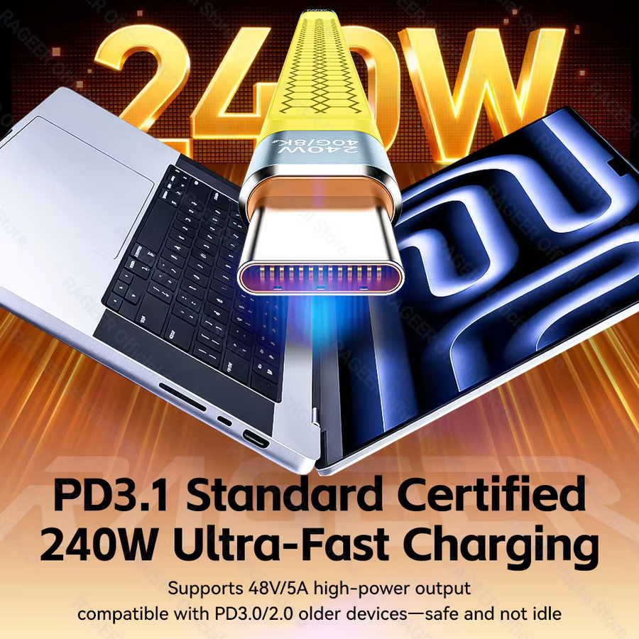 RAGEER USB4 USB-C auf USB-C Kabel, 40 Gbit/s Datenübertragung und 240 W Schnellladefunktion, 8K Auflösung, Farbe: Grau - Bild 4