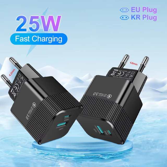 KR EU Mini-Reisestecker 2-Port PD 25W USB-C Schnellladegerät in Schwarz für iPhone 15 Pro Max und OnePlus - Bild 1