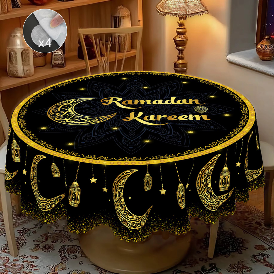 Dekorative Tischdecke aus Polyester mit orientalischem Mandala-Muster, Halbmond, Sternen und Laternen in Schwarz und Gold - Bild 4
