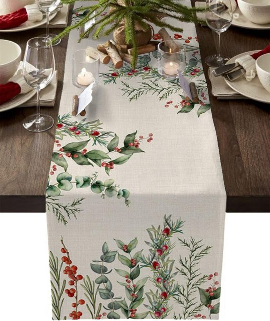 JMG Household Supplies Weihnachts-Tischläufer aus Leinen mit Poinsettia, Eukalyptus und Beeren in Weiß, B/H: 150 x 33 cm - Bild 1