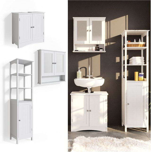 Vicco 3er Badmöbel Set Bianco in Weiß im Landhausstil mit Spiegelschrank, Waschtischunterschrank und Hochschrank - Bild 1