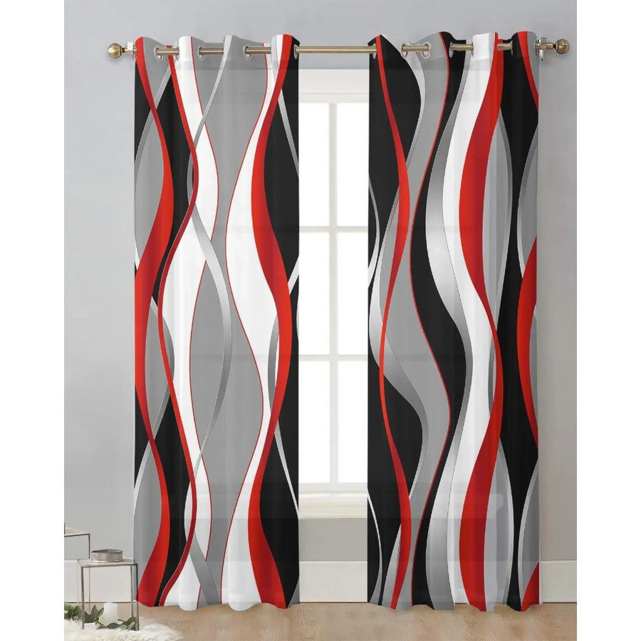 Yiran Furniture Transparente Organza-Vorhänge mit abstraktem Linien-Farbverlauf in Rot, Tüll-Gardine für Wohnzimmer und Küche, B: 135 cm, H: 115 cm - Bild 3
