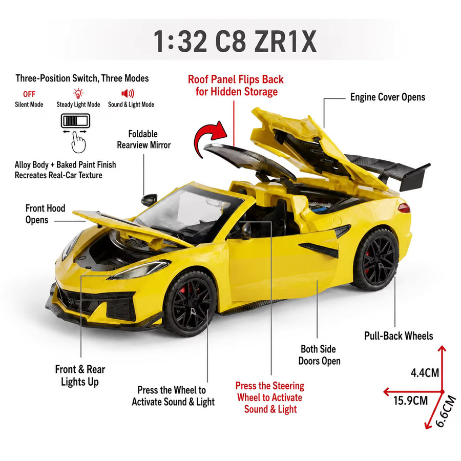 MAKEDA Corvette C8 ZR1X Super Sport Rennwagen, Spielzeugauto, 1:32, mit Licht und Sound, Rückziehfunktion - Bild 2
