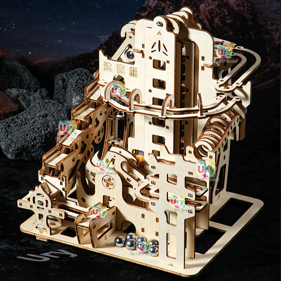 Ury 3D Holzpuzzle Elektrische Katapultbahn Murmelbahn-Set aus Holz in Natur mit 7 Kugeln und Werkzeug zur Förderung der kognitiven und motorischen Fähigkeiten - Bild 3