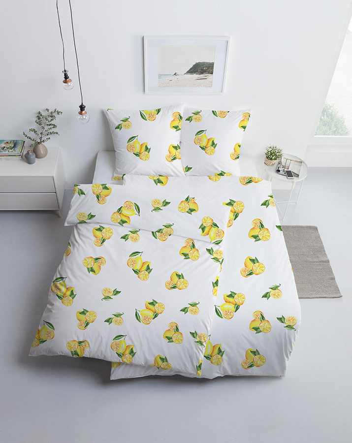 Estella Mako-Satin Bettwäsche Zitronen Früchte Lemon Citrus in Gelb und Weiß, B/H: 155 x 220 cm mit Kissenbezug 80 x 80 cm - Bild 1