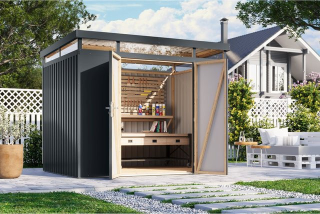 Karibu Holztechnik Metallgerätehaus Boldmere XXL Set mit Anbaudach in Anthrazit, Breite: 2 m - Bild 1