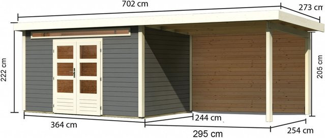 Gartenhaus Holz KANDERN 7 in Flachdachhaus-Bauweise mit Anbaudach und Rückwand, Farbe: Terragrau, B/T: 364 x 244 m, Wandstärke: 28 mm - Bild 1