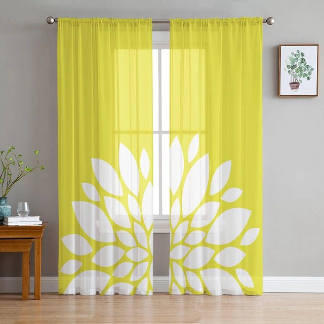 A Family Of Home Textiles Chiffon-Vorhang mit Dahlien-Blumenmuster in Gelb, transparent, Breite: 135 cm, Höhe: 114 cm - Bild 1