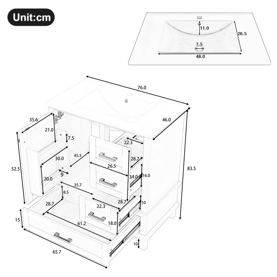 HAUSS SPOLE Badezimmerschrank mit Keramikwaschbecken in Grau, moderner Waschbeckenunterschrank mit Schubladen und Türen, matt - Bild 3