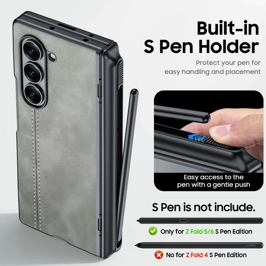 Samsung Leder-Schutzhülle für Galaxy Z Fold 6 mit S Pen Halter, integriertem 9H Displayschutz und Scharnierschutz in Grau - Bild 1