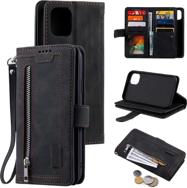 YULIN-003 Leder Handyhülle mit Reißverschluss und Kartenfach in Schwarz für iPhone 16, 15, 14, 13, 12 und 17 Pro Max sowie 16e und 14 Plus mit integriertem Ständer - Bild 1